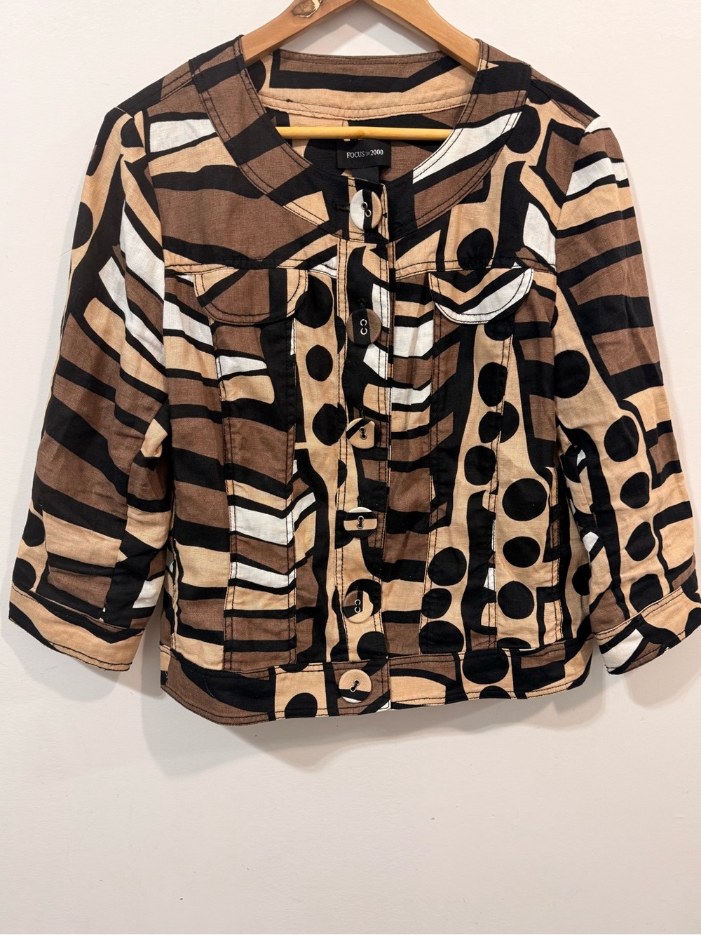Focus 2000 Linen Artsy Retro Boho Brown Black Women's Crop Jacket Size 12